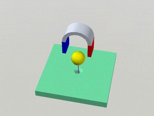 Magnetic tweezers - In this illustration, a DNA strand is leashed to a magnetized, iron-oxide bead, with a magnet hovering over it. As the bead moves toward the magnet, the DNA strand passes through nano-sized opening slowly enough that its base pairs can be read.